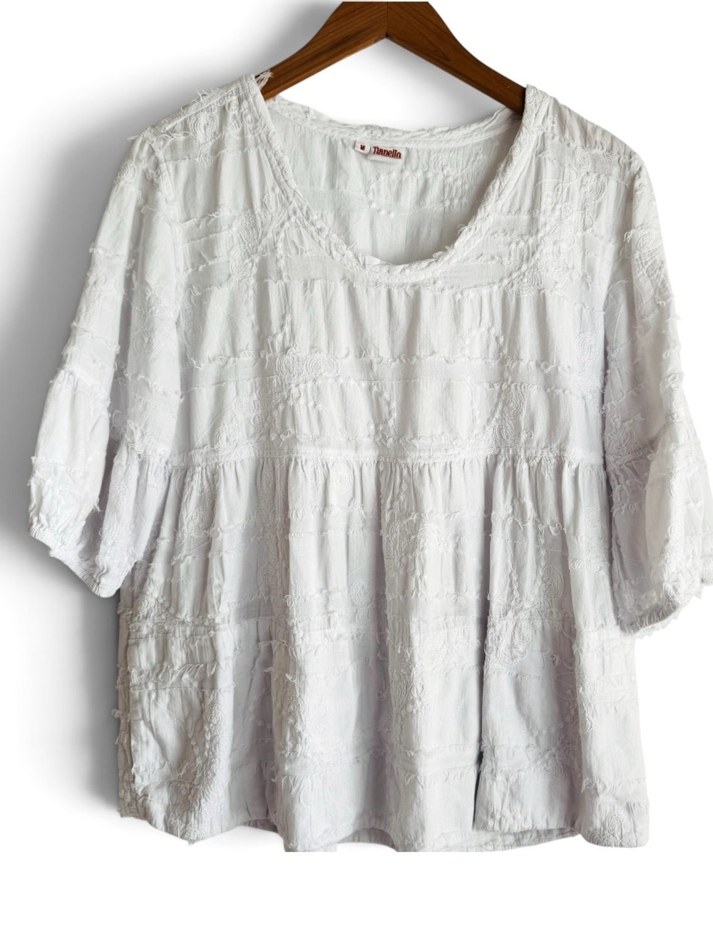Tianello White Embroidered Tiered Peasant Blouse